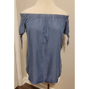 NWT Wrangler Retro Off-the-Shoulder OTS Chambray Blue Blouse